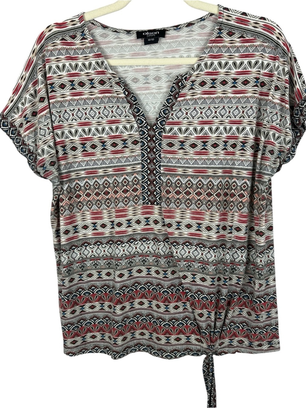 Olsen Europe Geometric Aztec Boho Casual Side Tie Short Sleeve Top Size M/10
